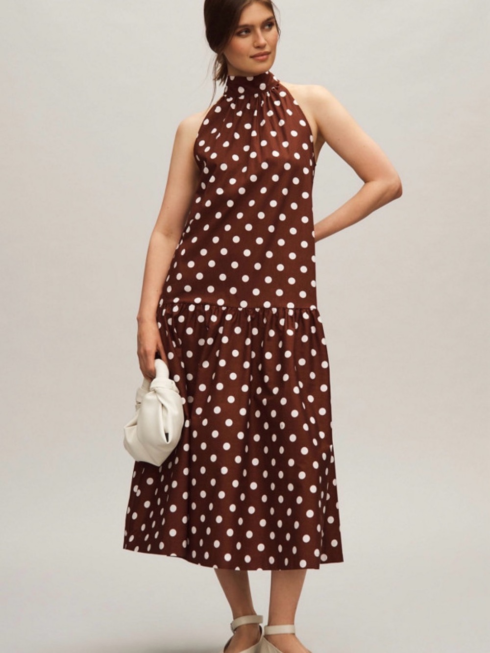 Anthropologie (Maeve) Brown & White Polka Dot Halter Midi Dress